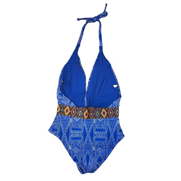 WET Swimwear Halter One Piece Swimsuit Size S Cobalt Aztec Plunging Neckline NWT - Picture 2 of 10